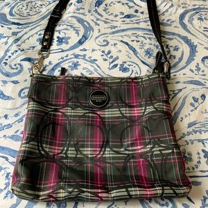 Coach cross body black and purple plaid purse